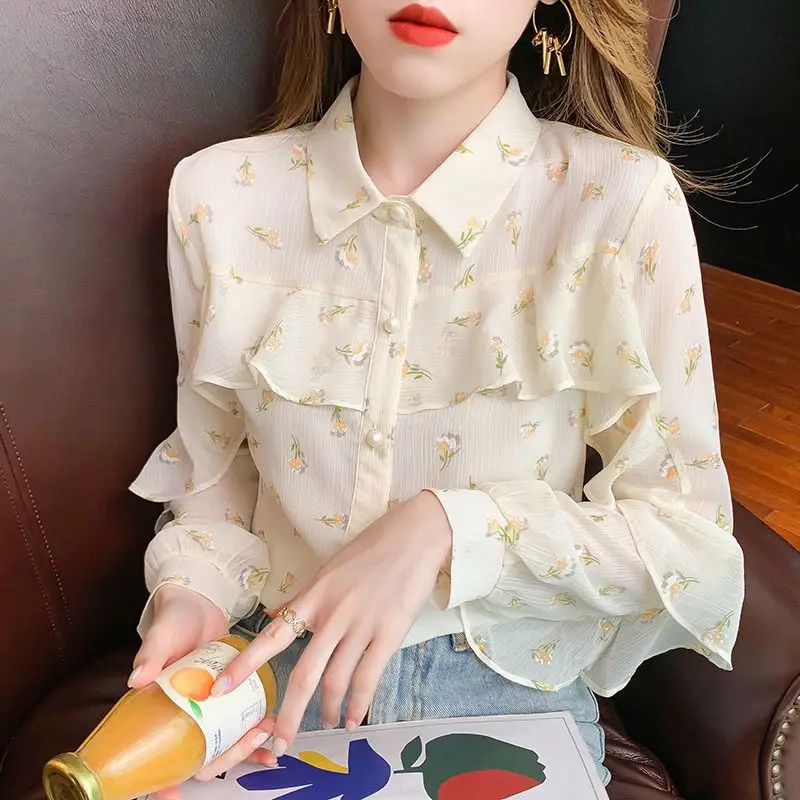 Lotus Leaf Edge Chiffon Shirt Women's New Fashionable and Stylish Small Shirt Thin Cardigan Long Sleeved Top