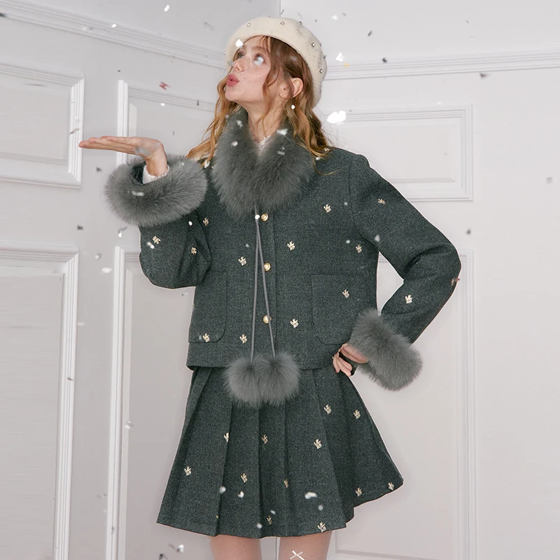 ELFSACK Y2K Preppy Sweet Embroidered Plush Cuff Collar Pom Pom Jacket Short Skirt Set For Women