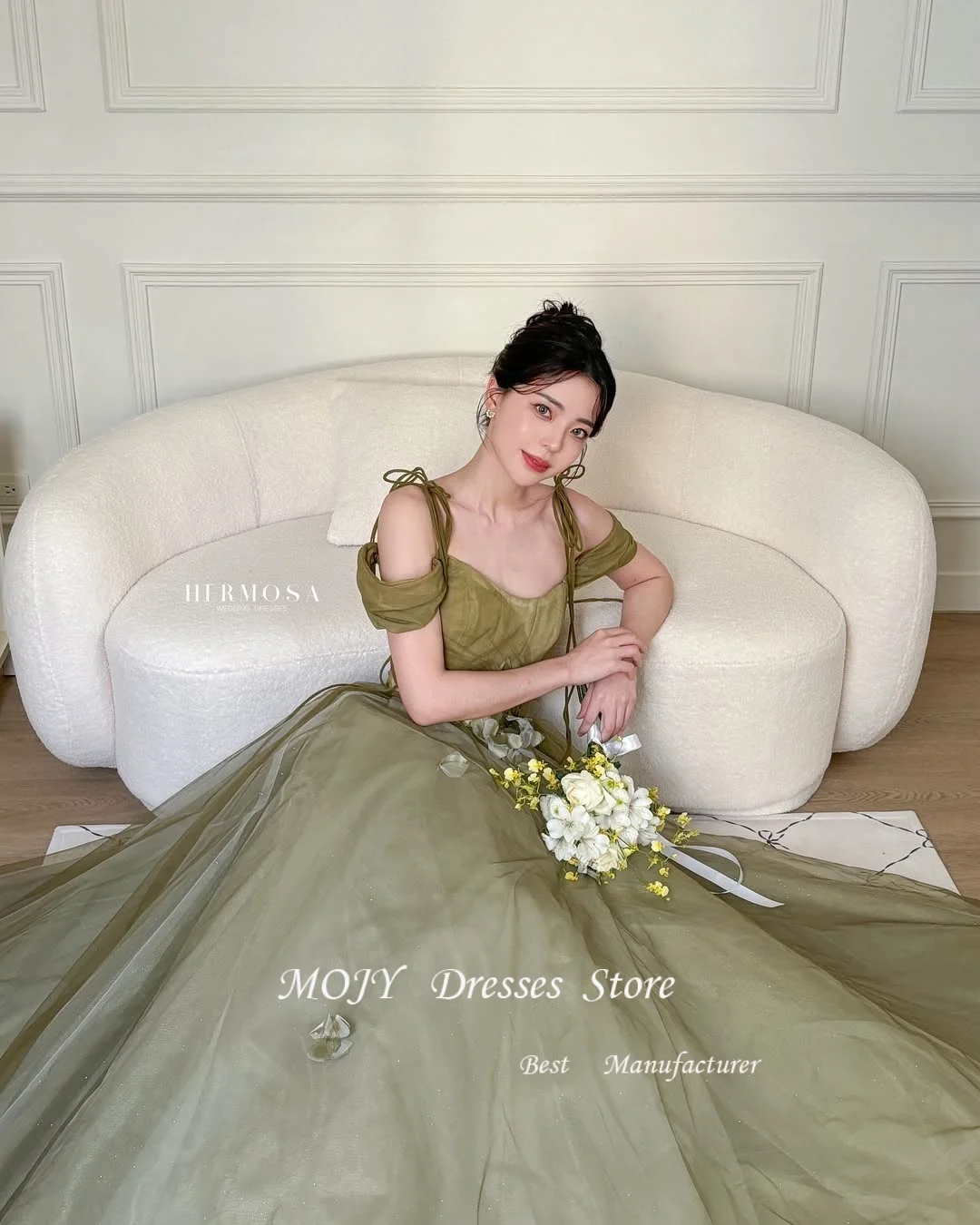 Mojy Fairy Green с открытыми плечами Корейские свадебные платья Блестящее тюлевое плиссированное вечернее платье Фотосессия Индивидуальное вечернее платье невесты