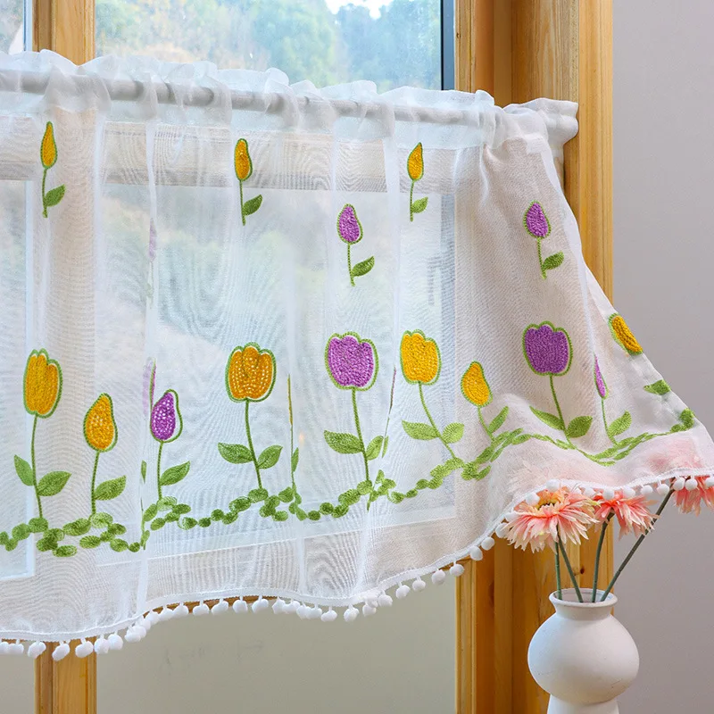 

Window Valance Tulip Embroidered Coffee Curtains Rod Pocket with Boho White Sheer Curtain 180x60cm Postal Style Kitchen Valances