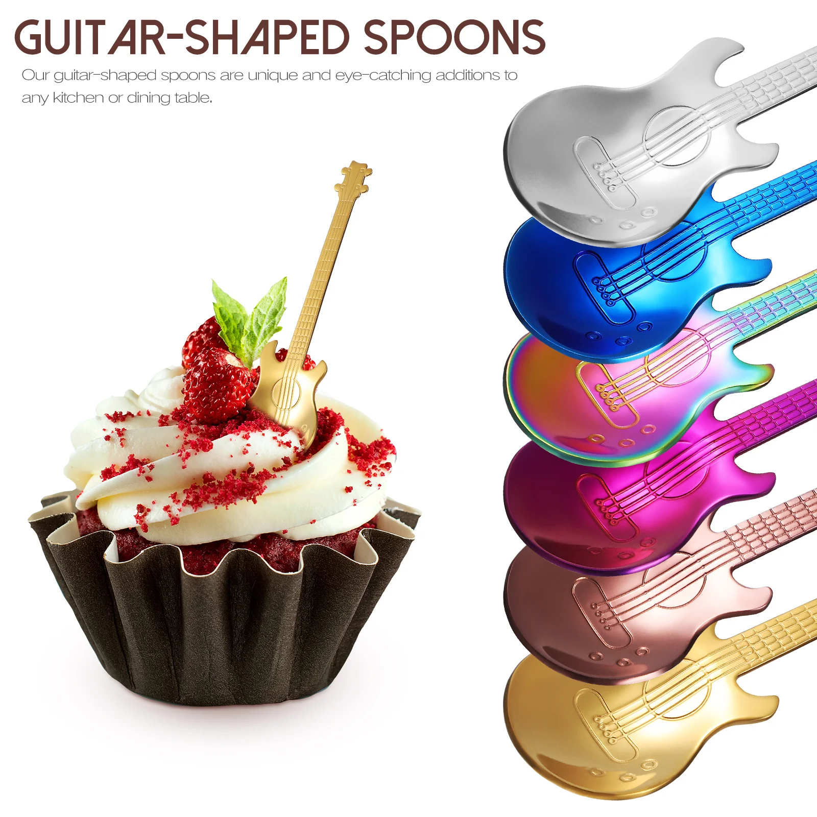 

6Pcs Guitar Spoons Set Stainless Steel Colorful Dinner Spoons Creative Tableware Coffee Stir Spoon Guitar Decor