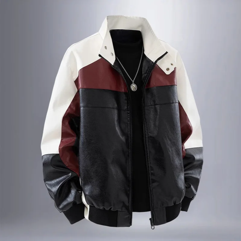 

Men Leather Coat Autumn Motorcycle Punk Contrast Color Man Outerwear Windproof Stand Collar Long Sleeve Male Bomber Jacket