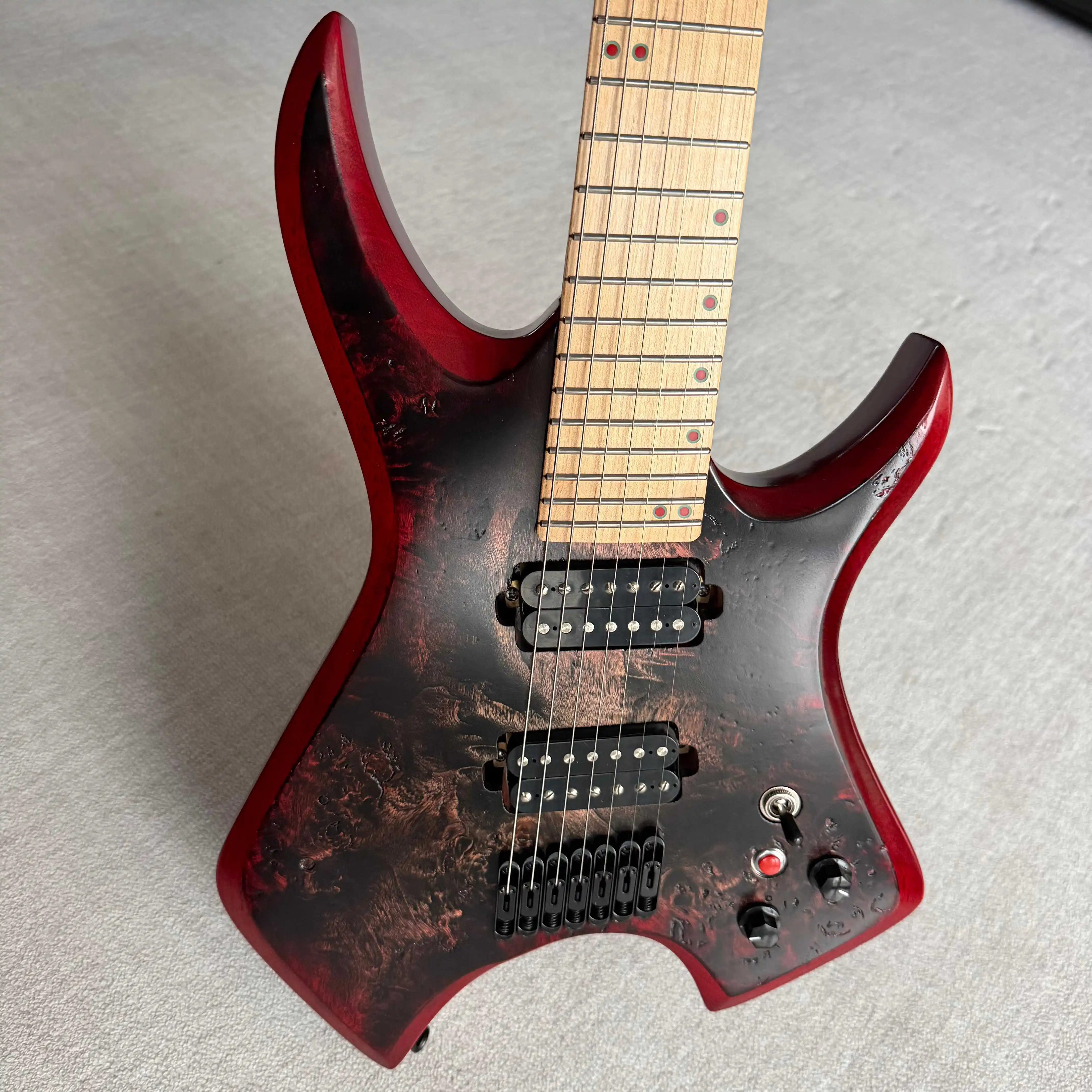 7 Strings Fanned Frets Electric Guitar 648-670mm, Red Spalted Burl, Red Kill Switch, 5 Piece Africa Mahogany Maple Neck