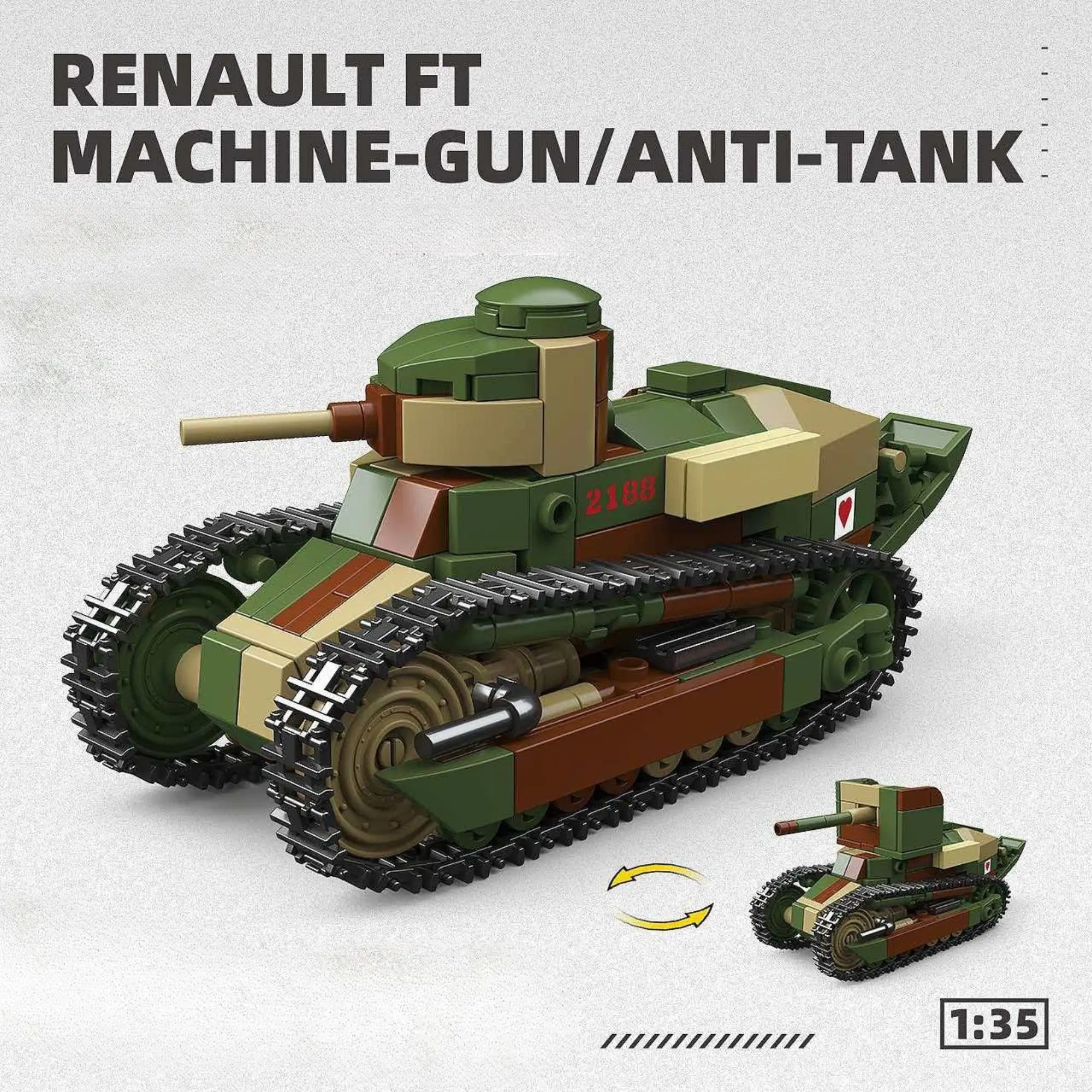 415 Piezas, Bloques de Construcción 2 en 1, Modelo de Ametralladora/anti-tanque Renault FT, Vehículos Militares de la Primera Guerra Mundial, Ladrillos de Construcción, Juguetes para Adultos, Regalos