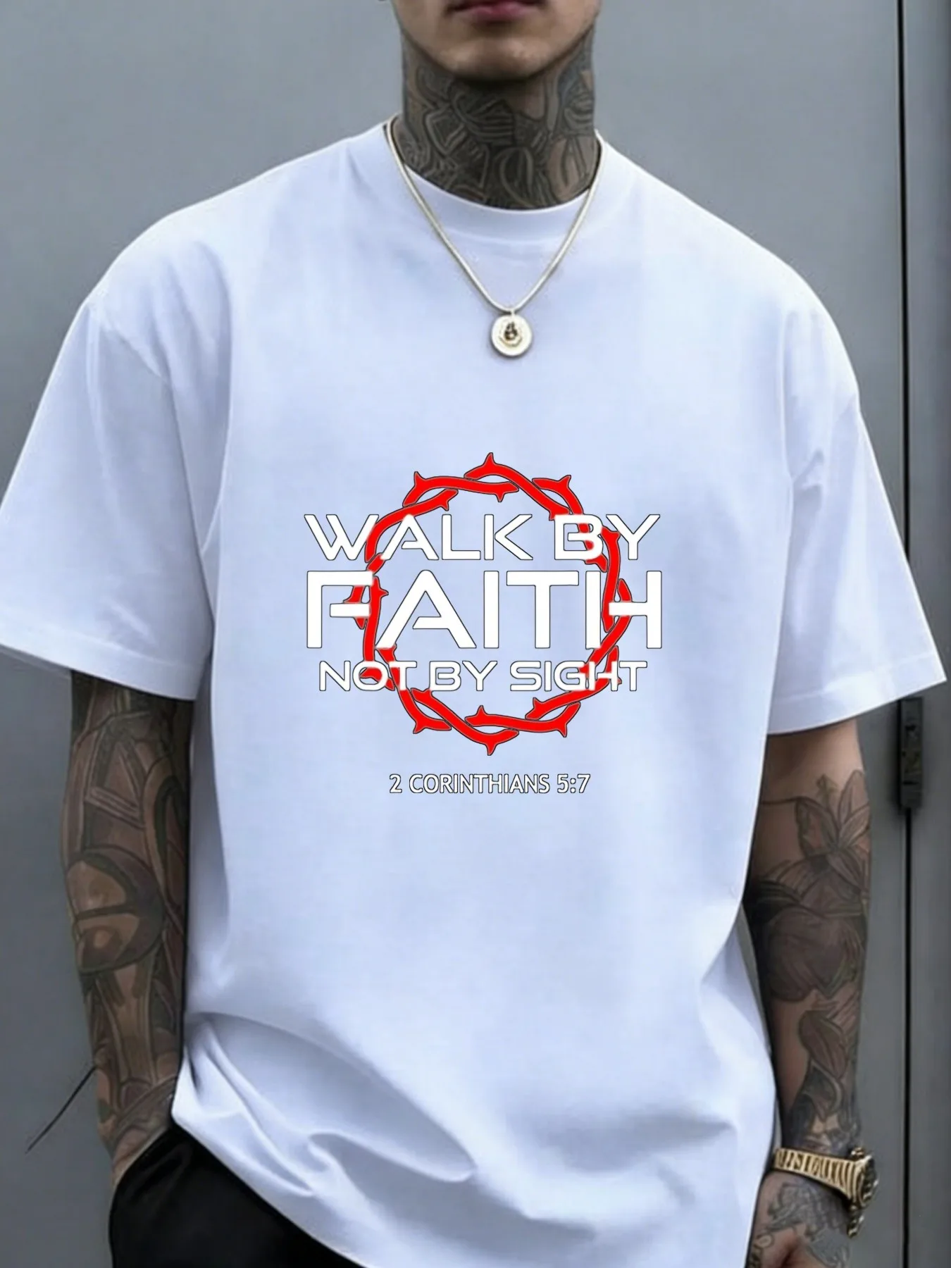 Men's Summer Comfort Tshirt Men's Christian TShirt Relaxed Fit Walk By Faith Not By Sight 2 Corinthians 5 7 Bible Verse Target Design Black with White Red Print AllSeason Casual Tee S01