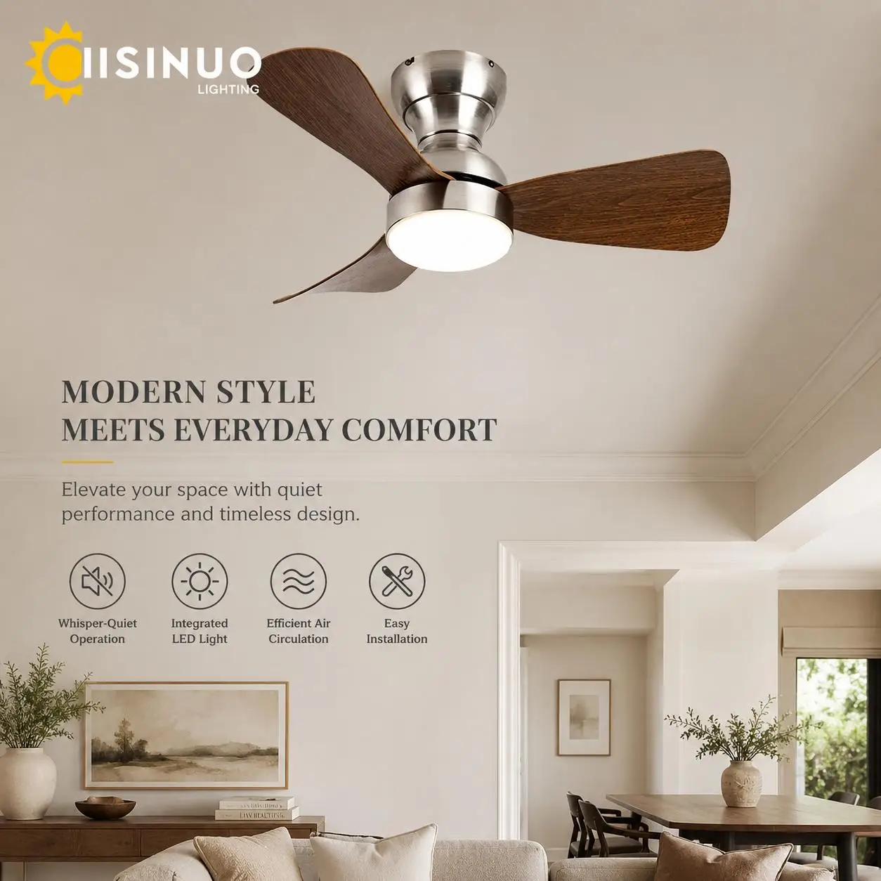 28 inch Ceiling Fan Light LED40W Dimmable Smart DC Brushless Motor Offline Voice Control 6-Speeds Fan Lamp for Home Bedroom Deco