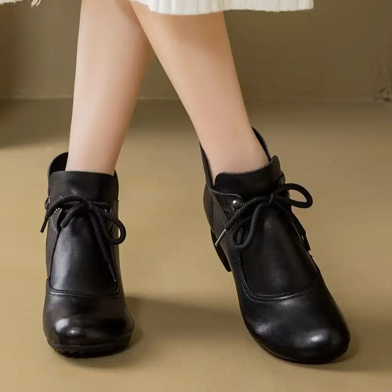 Women's Autumn Winter New Leather Lace Up Ankle Boots Soft Sole Non Slip Round Toe Block Heel Plush Keep Warm Cotton Boots - view 6