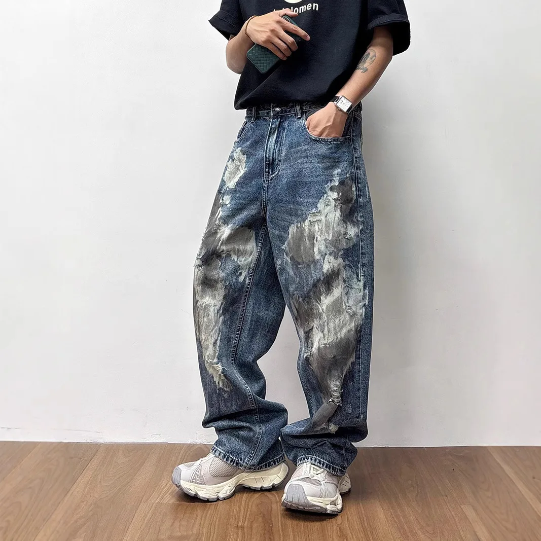 2025年春 メンズ ストレートレッグジーンズ シンプル アメリカン ハイストリート ルーズ ユース ダメージジーンズ メンズ服 ジーンズ