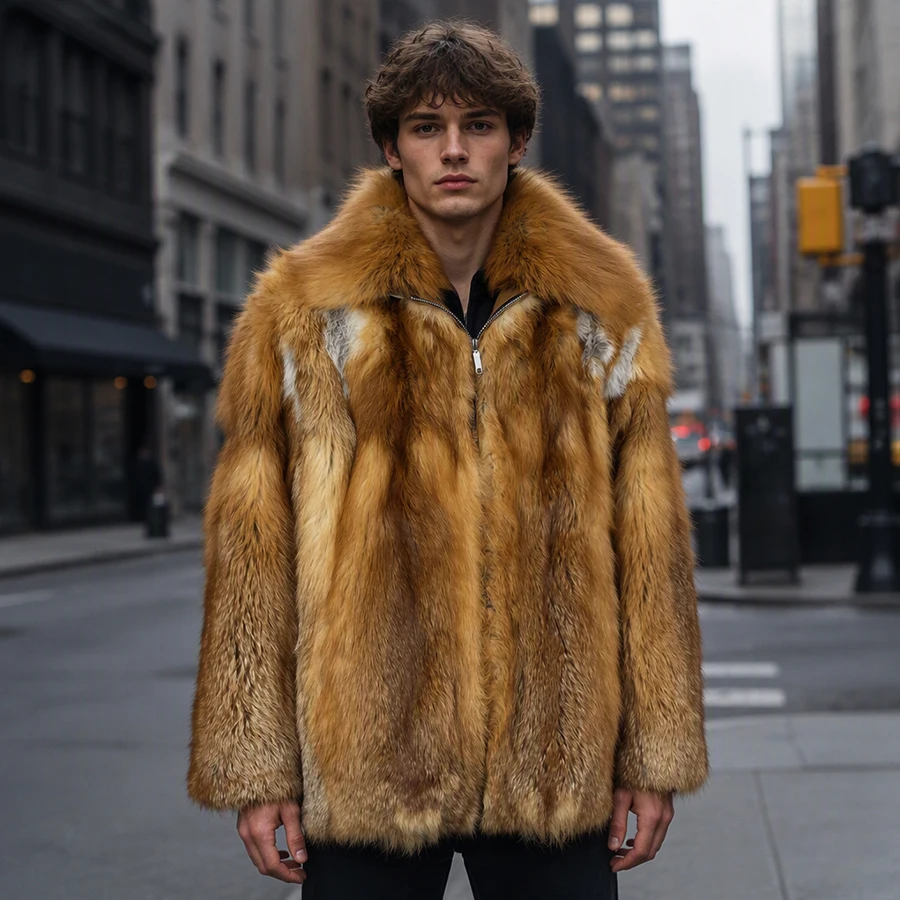 Natural Red Fox Fur Coat With Turndown Collar Autumn Winter Warm Thick Genuine Fur Zippered Jacket Man Cropped Fur Jacket