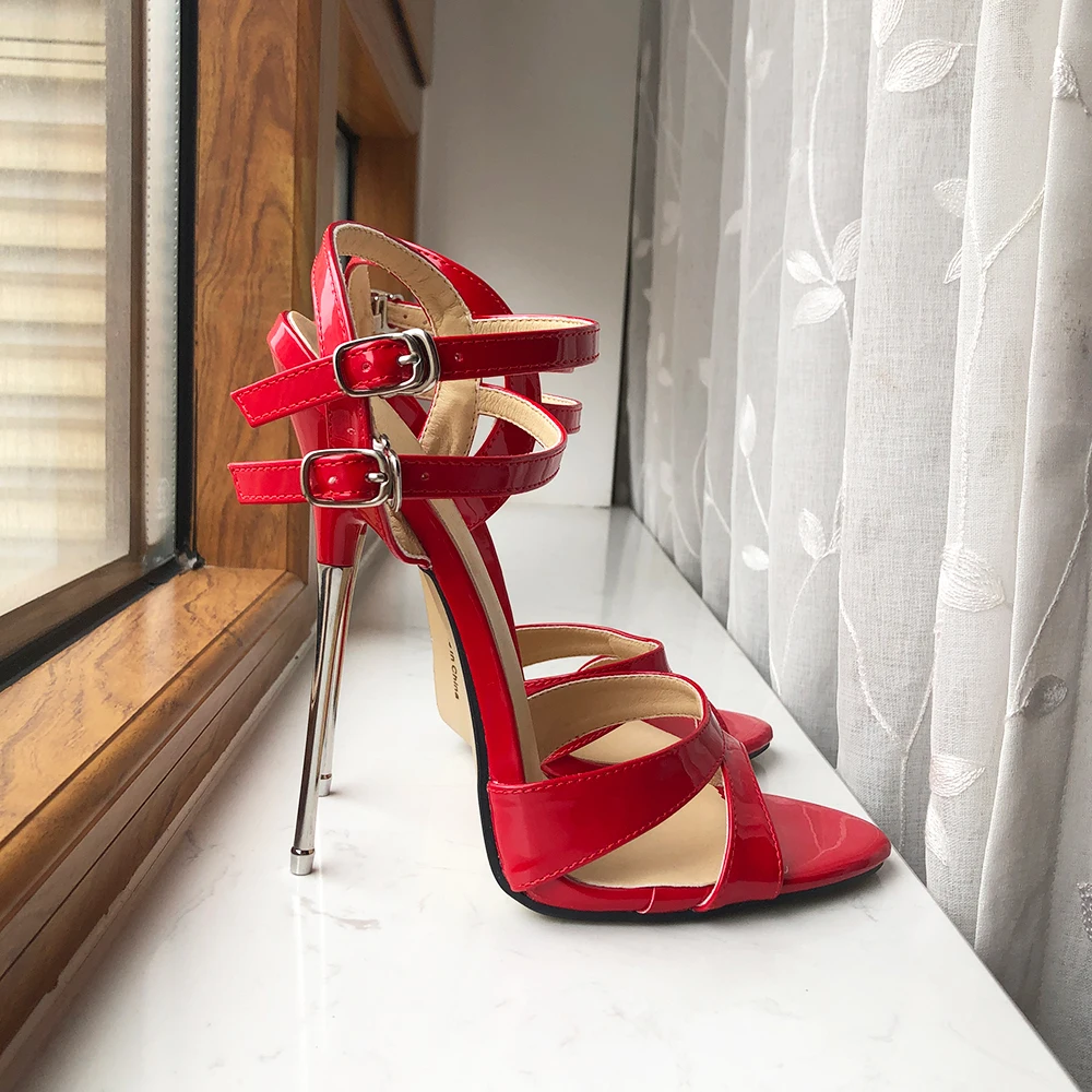 Tikicup 16cm Extremely High Heel Women Ankle Strap Red Stiletto Sandals Sexy Open Toe Summer Shoes Wide Leg Plus Size 35-46