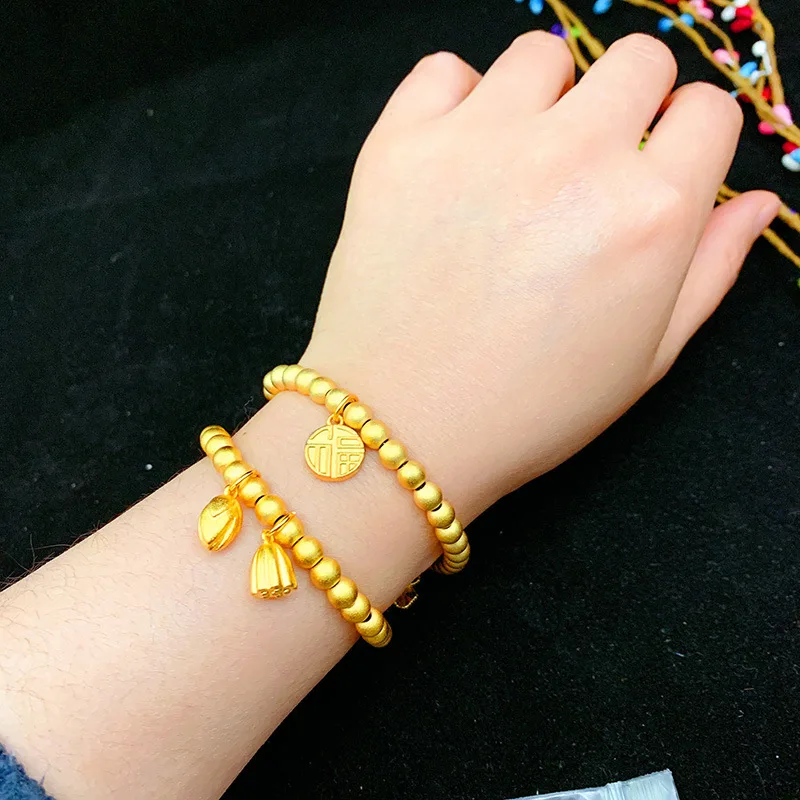24k Gold 9999 Lotus Seed Beaded Traditional Craftsmanship Fortune Beads Bracelet For Women Auspicious Charm Jewelry Gift