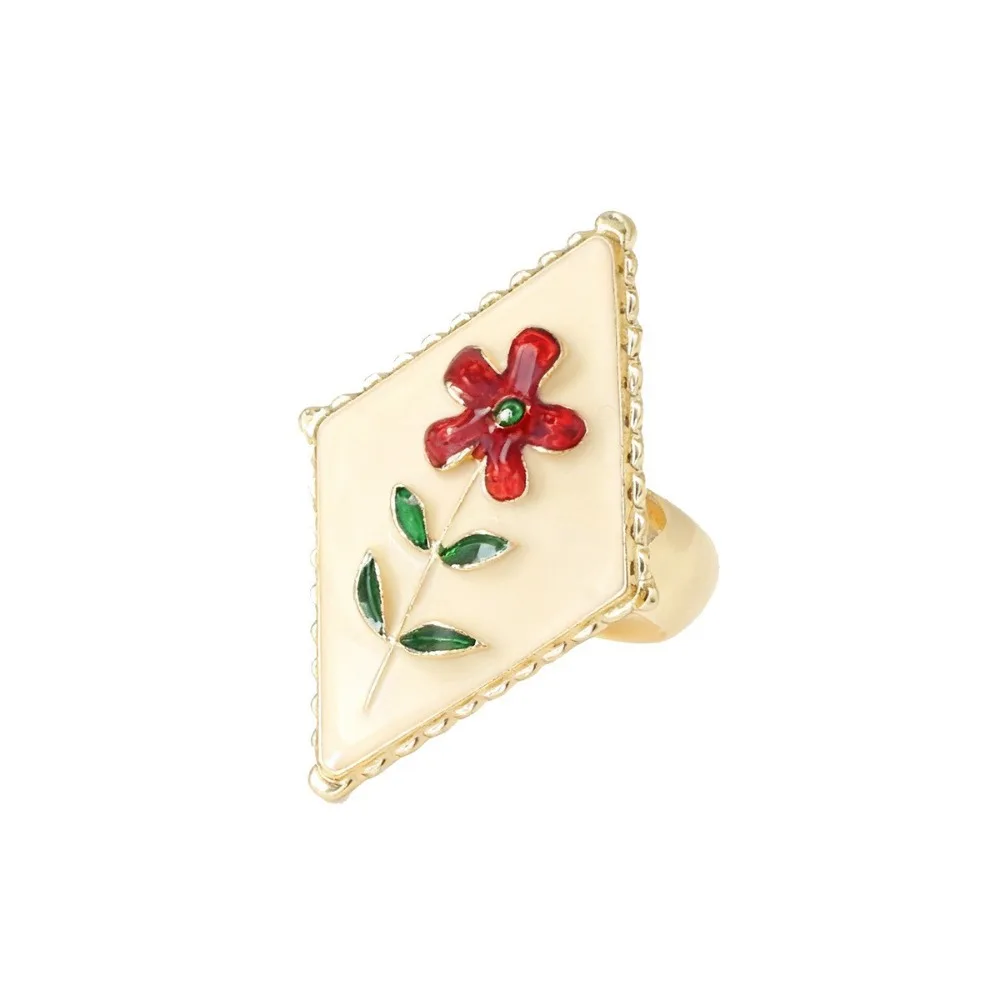Pomegranate Printing Enamel Flower Ethnic Style Ring Heart-shaped Irregular Rotundity Vintage Metal Geometric Ring Colorful