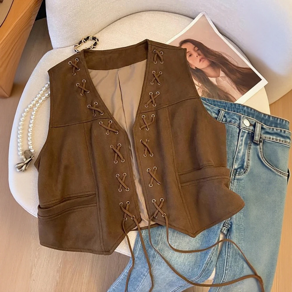 

Женский облегающий однотонный офисный жилет без рукавов с v-образным вырезом на шнуровке, осенний модный модный женский жилет