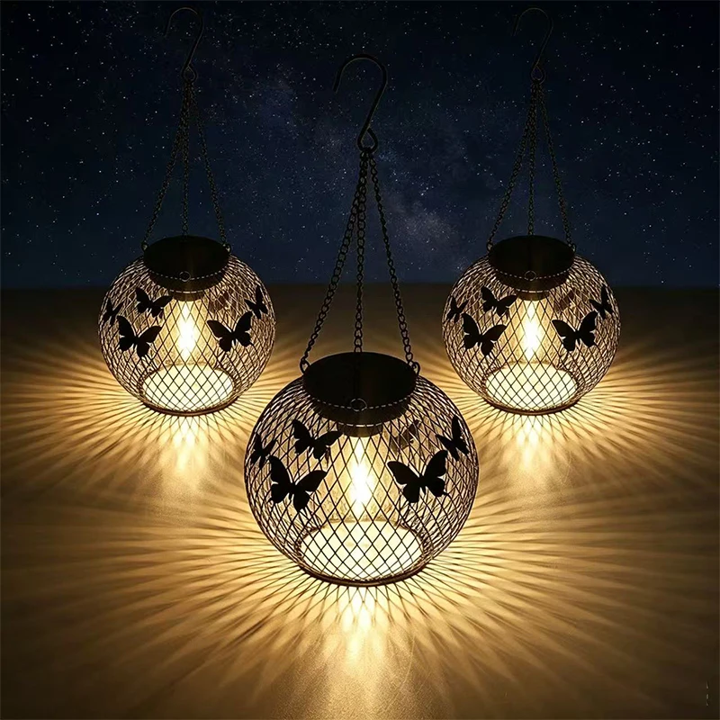 Solar Light Outdoor Garden Vintage Metal Hanging Lantern With LED Bulb, IP65 Waterproof Outside Lights, Yard Patio Table Pathway