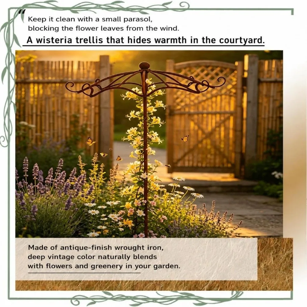 Umbrella Shape Garden Vine Frame Rusted Finish Retro Style Flower Stand Metal Material Climbing Plant Support