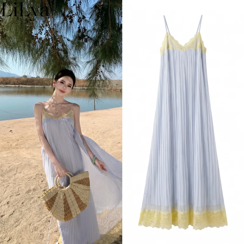 Vacation Style Lace Spliced V-neck Camisole Dress Women Summer Slim Fit Pleated Loose Style Elegant Beach Long Dress for Girls