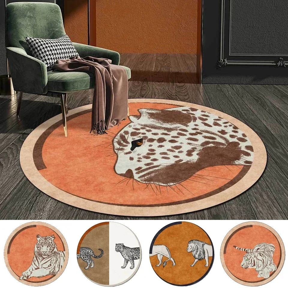 Modern Orange Brown Lion Elephant Pattern Circular Carpet Home Living Room Bedroom Floor Decoration