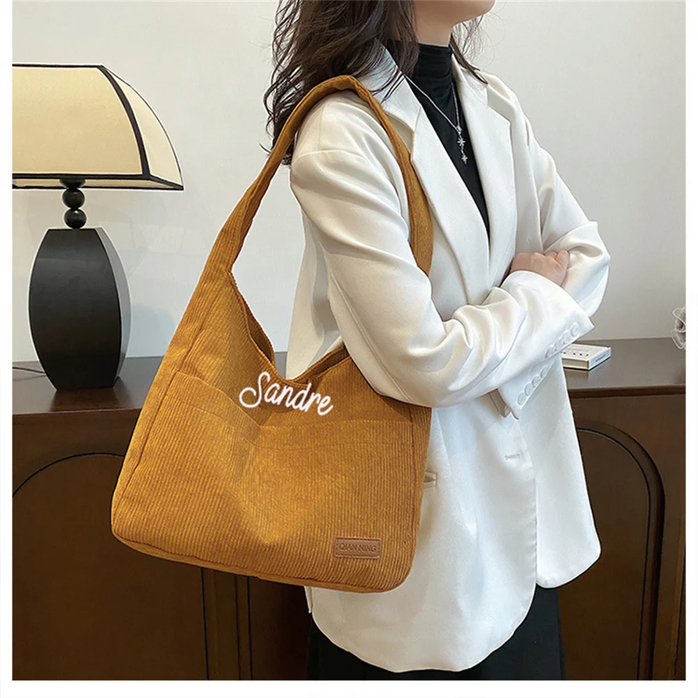 

Personalized Large Capacity Corduroy Shoulder Bag Custom Name New Fashion Simple Handbag Leisure Student Side Bags for Woman