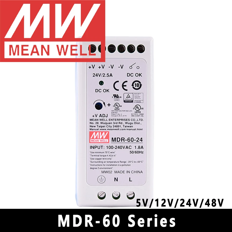 Original Mean Well MDR-60-24 DC 24V 2.5A 60W meanwell Single Output Industrial DIN Rail Power Supply