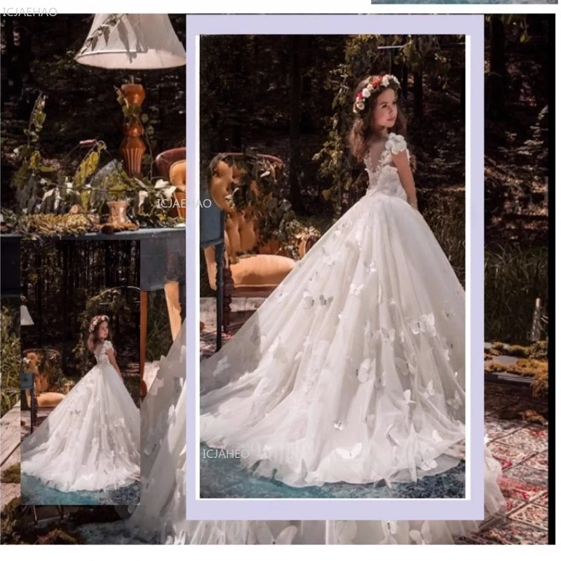 White Long Girls Princess Party Dress with Train for PianoPageant Formal Gown Performance Children Flower Girl Wedding Birthday view 6