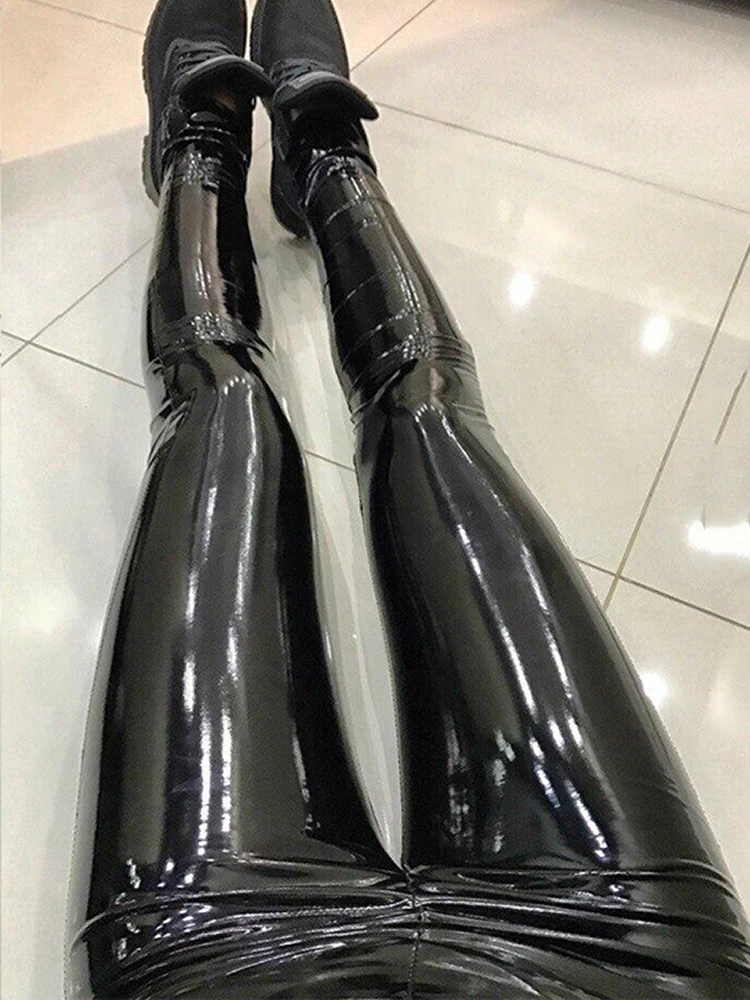 

New Soft Strethcy Shiny Wet Look Faux Leather Leggings Women Sexy Black Stretch Pencil Pants Slim Fashion PU Leggins