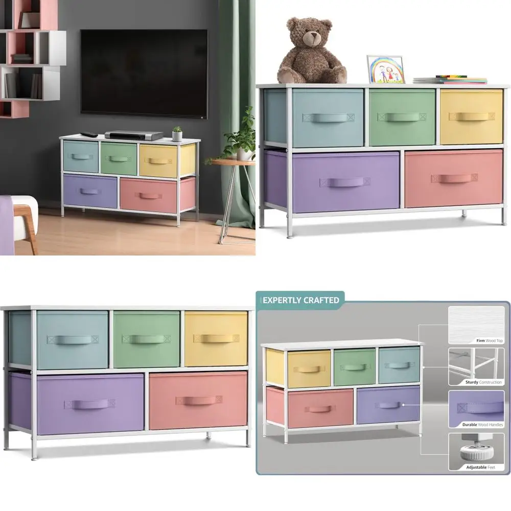 

Комод с 5 ящиками, стальным каркасом, деревянной столешницей и тканевыми корзинами для телевизионных тумб, спален, прихожих и организации офиса