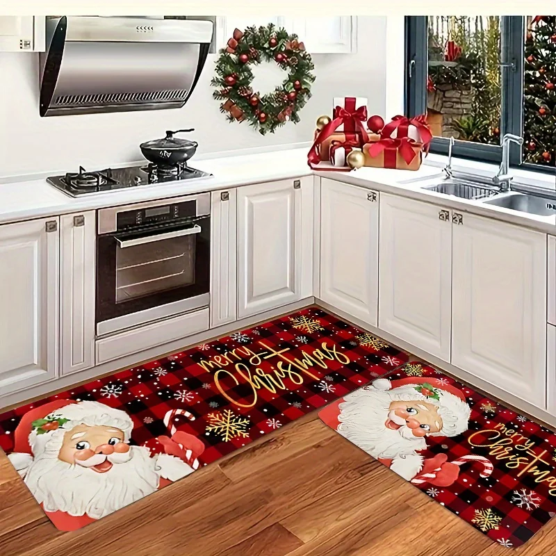 VIKAMA Red Grid Background Santa Claus Pattern Kitchen Floor Mat Kitchen Rug Entrance Area Rug Welcome Carpet Home Decor