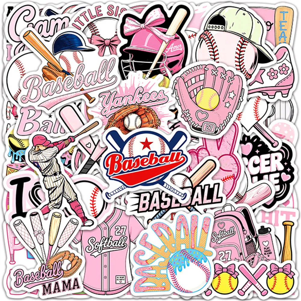 50 PCS Pink Baseball Sports Graffiti Stickers Pack Vinyl Student Stickers Decorate Skateboard Computer Helmet Scrapbook Decals
