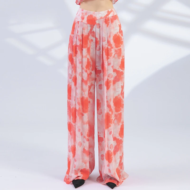 100% Double Layer Georgette Silk Natural Waist Side Pockets Light Tie Dye Fashion Wide Leg Trousers Summer Woman Pants KY057