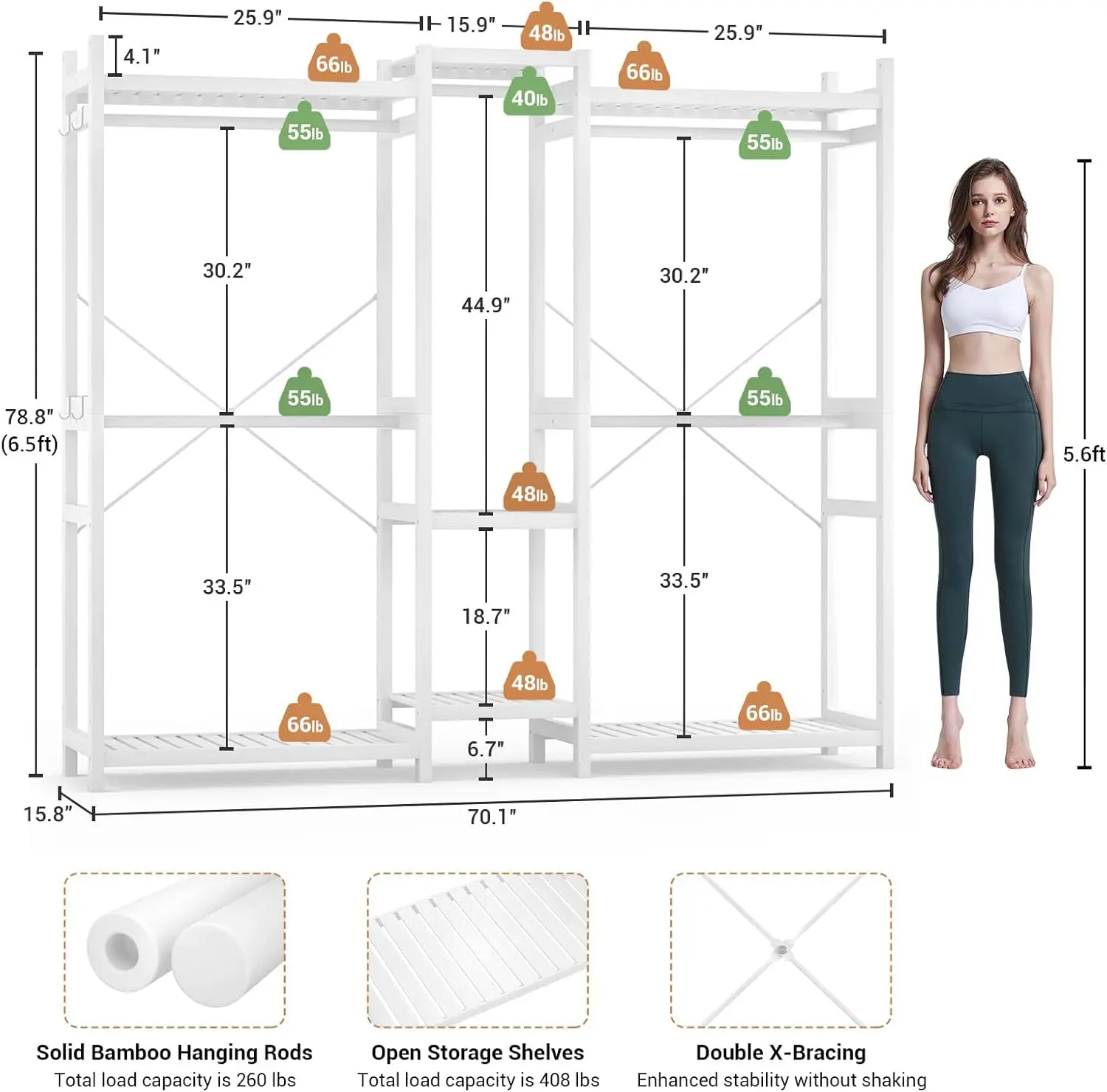 System Clothes Rack, Large Freestanding Garment Rack Clothing Rack for Hanging Clothes with 7 Storage Shelves and 5 Rods, Open W