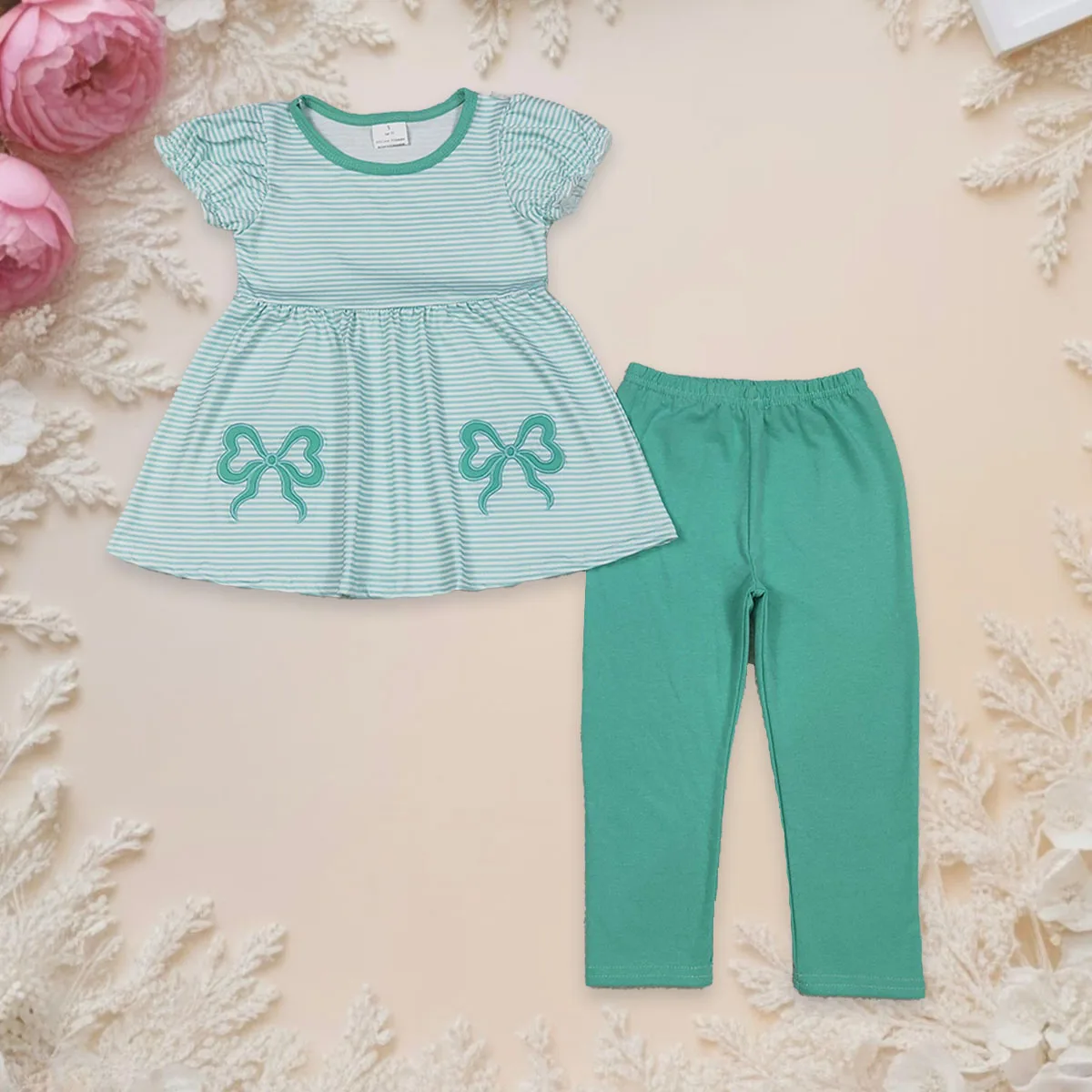 

Toddler Baby Girl Embroidery Bows Kids Sets Infant Short Sleeve Stripe Tunic Shirt Clothes Aqua Leggings Pants Outfit Clothing