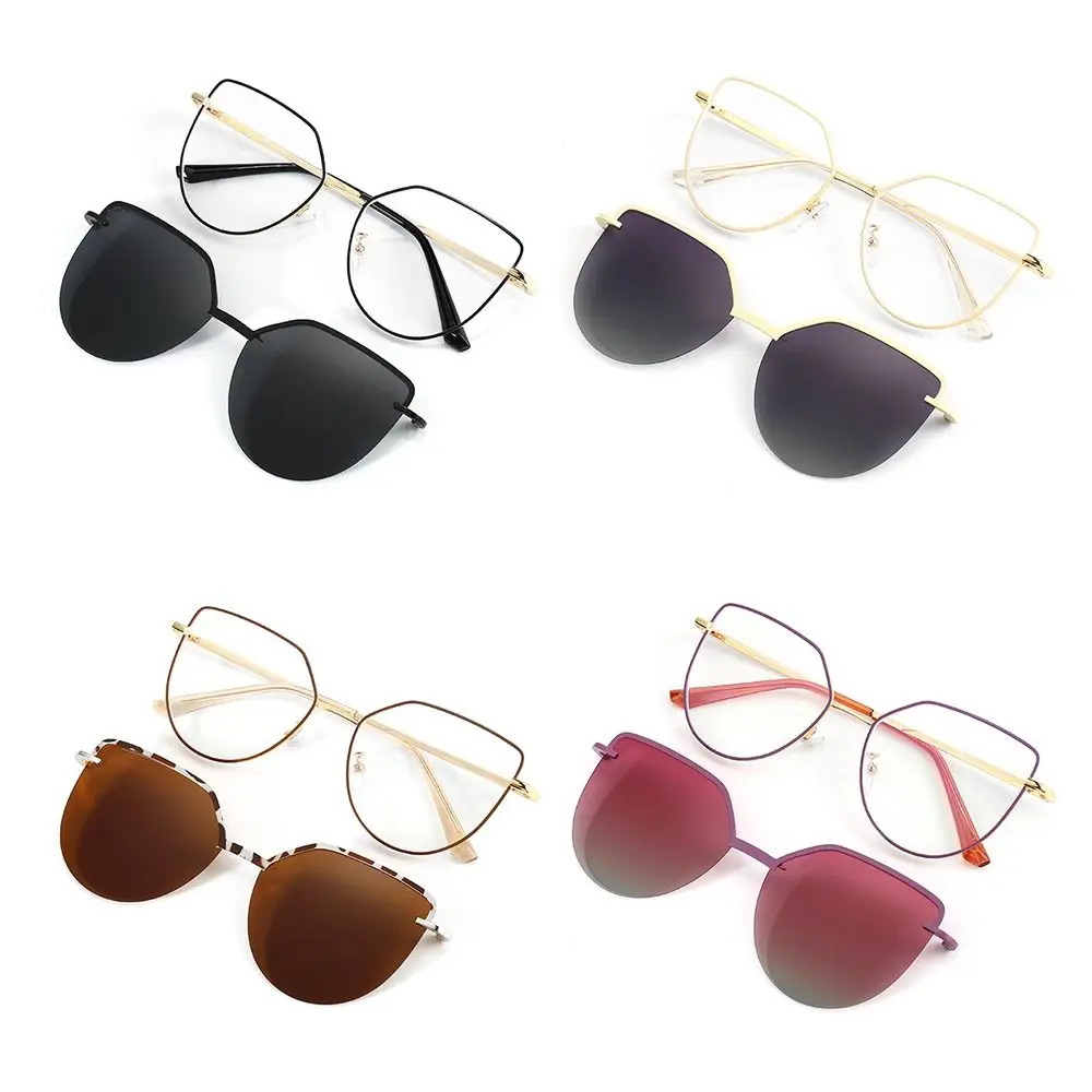 New Fashion 3 In-1 Glasses, Trendy Metal Frame Cat Eye Anti Blue Light Glasses with 1Pc Magnetic Polarized Clip-On Sunglasses