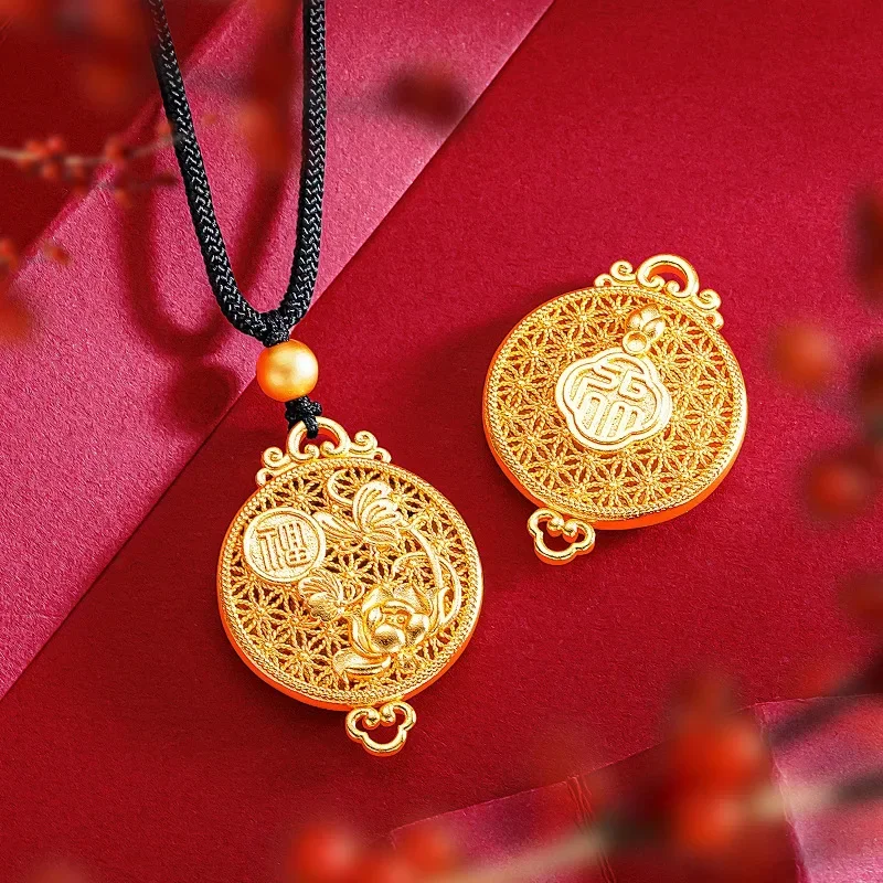 

9999 Real Gold 24K Ethnic Style Hollow Silk Fortune Butterfly Lotus Pendant Ancient Golden Lotus Black Rope Necklace