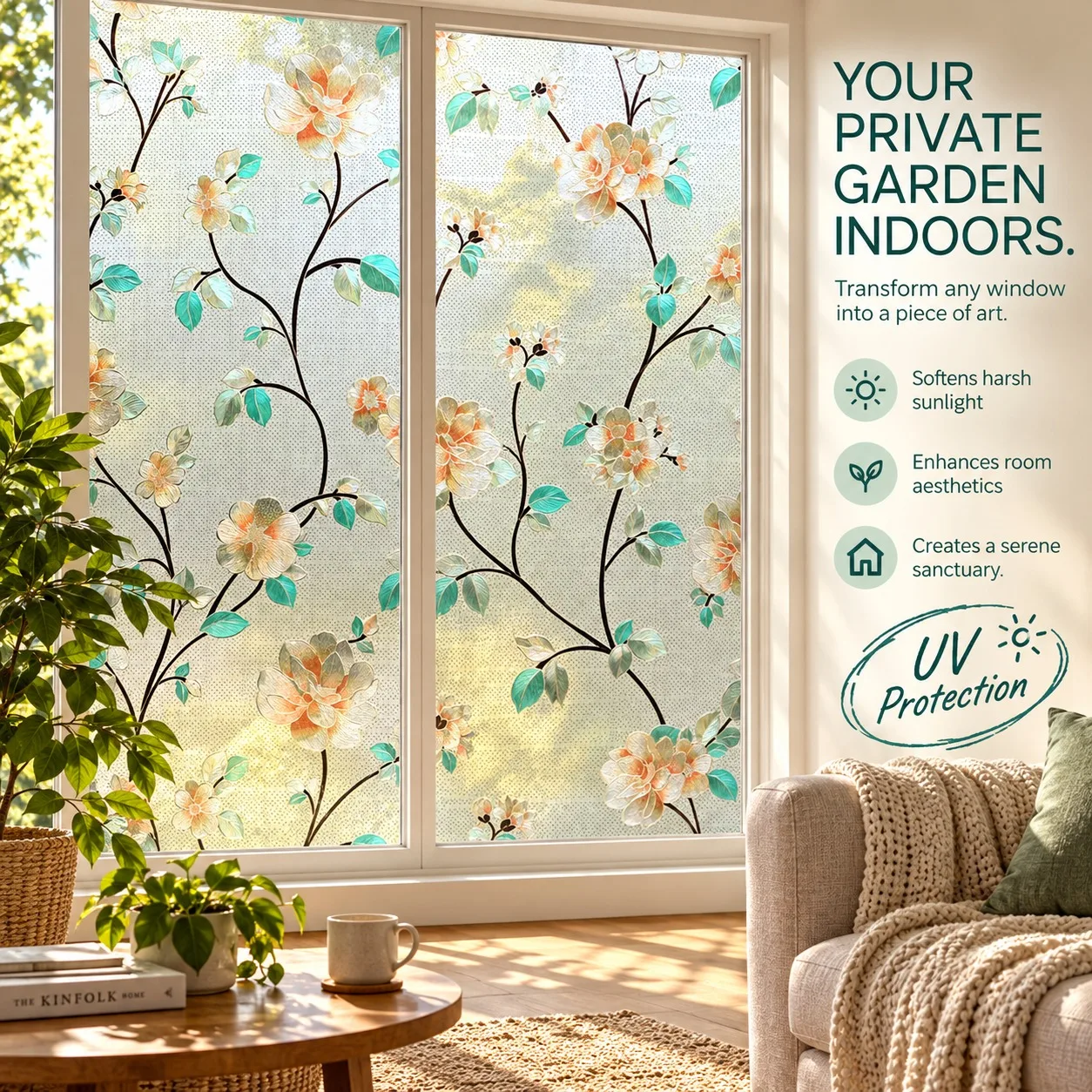 Floral Window Film Privacy Decorative Glass Sticker Peach Blossom Green Leaf Static Cling No Glue for Home Bathroom Living Room