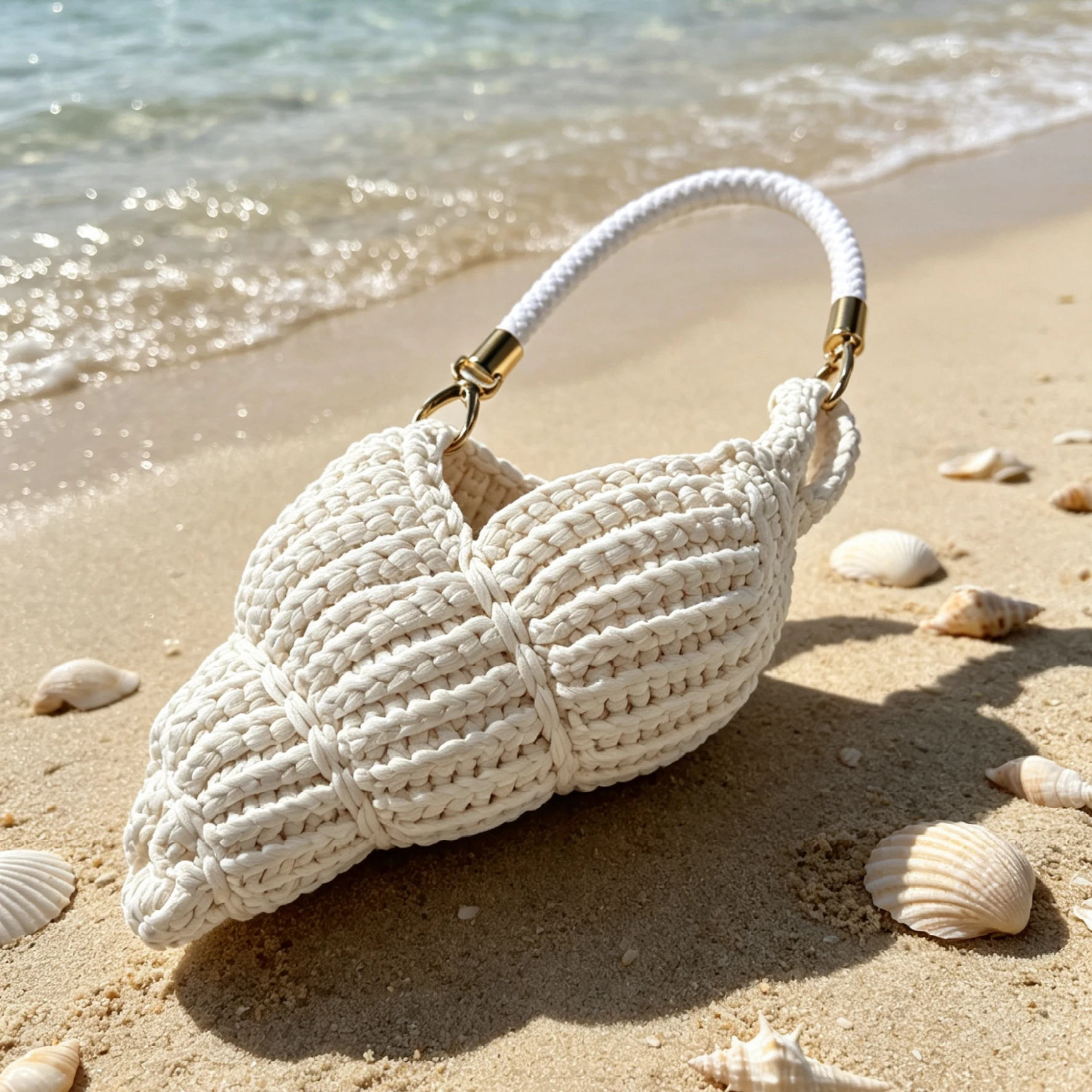 Handmade Crochet Conch Purse - Crossbody Style, with Pearl Chain, Beige Summer Vacation Bag, Suitable for Women, Perfect for Beach and Casual Outings, Beach Tote Bag