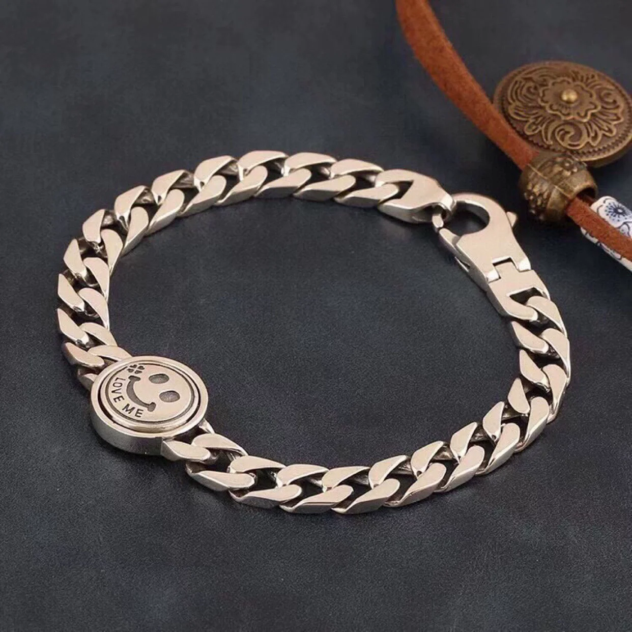 S925 Solid Silver Heavy Duty Rotating Smiling Tank Chain Silver Necklace Bracelet Personalized Trendy Neck Chain Hip Hop