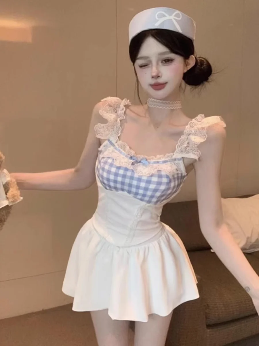 

Summer Lace Plaid Strapless Crop Top Women's Fashion Set Beautiful Flying Sleeve Bridesmaid Uniform Pure Desirable Spicy Girl