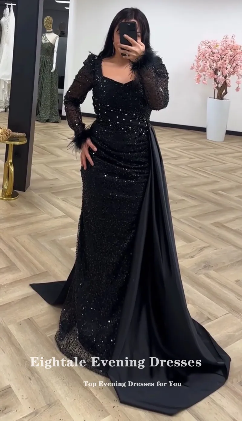 Eightale Luxus-Abendkleider mit Pailletten, individuellem Gürtel, Meerjungfrau-Abschlussballkleid mit Federperlen, langen Ärmeln, Hochzeits-Partykleid