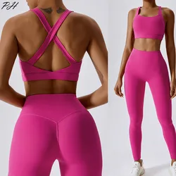 Conjunto de Yoga de 2 piezas para mujer, ropa deportiva de entrenamiento, conjunto deportivo para Fitness, sujetador cruzado en la espalda, Leggings de realce sin costuras para gimnasio