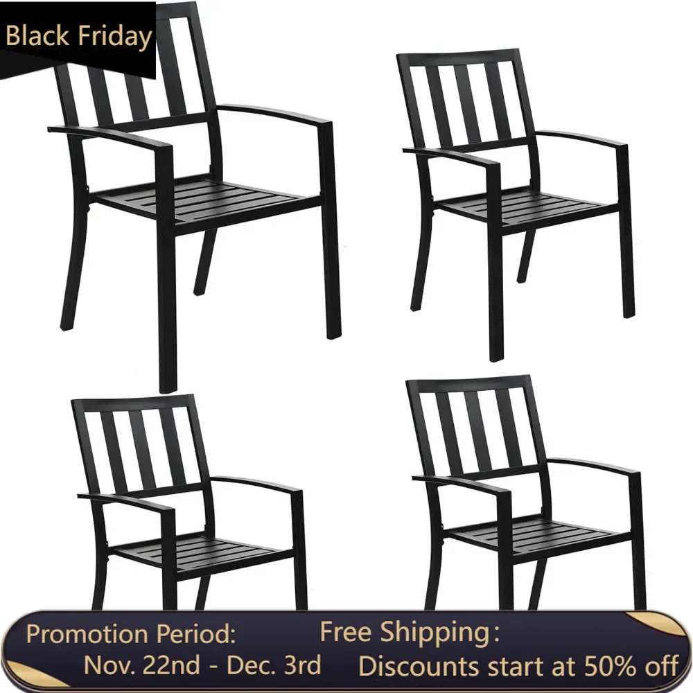 Terrace restaurant stackable chairs, outdoor wrought iron furniture set with armrests, black (square pattern, 4 sets)