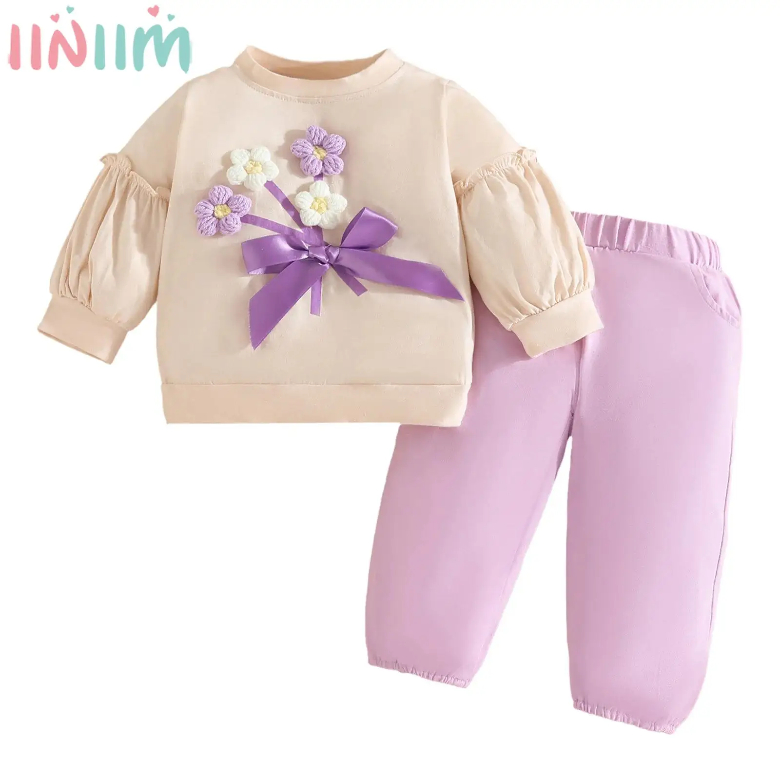 

Повседневный милый наряд для маленьких девочек на весну и осень, свитшот с рюшами, длинными рукавами, 3D-цветами и бантом, топ-пуловер с брюками