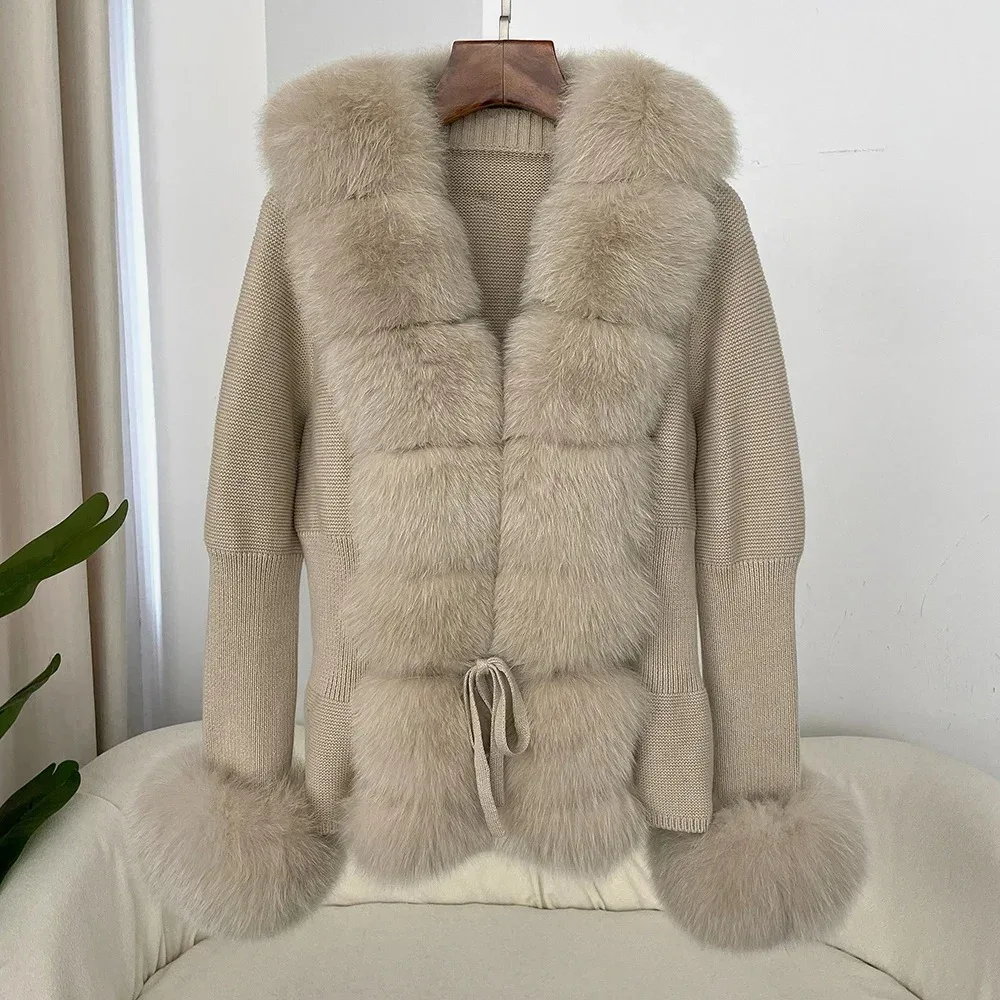 Reality Fur Jacket Luxury Patchwork Knitted Sweater Bandage Fur Cardigan Detachable Collar New Autumn-winter Women's Fur Coat