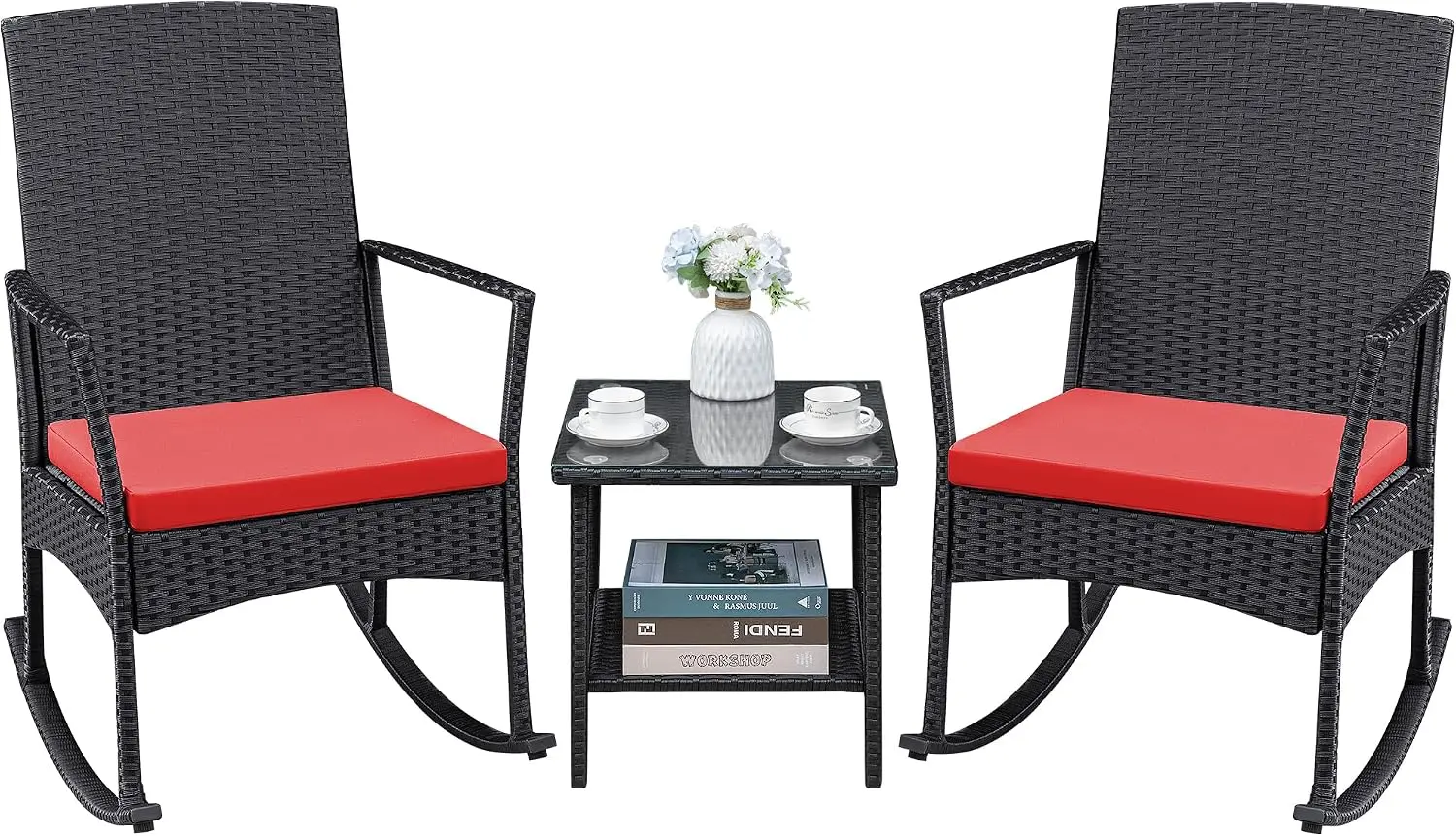 3 Pieces Patio Furniture Set Outdoor Wicker Rocking Chairs,Red | With Glass Coffee Table for Garden Backyard Porch Poolside