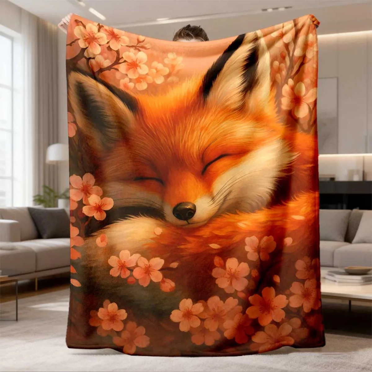2026 New Arrival Flannel Blanket Cozy Flannel Blanket with Adorable Fox & Cherry Blossom Design UltraSoft AllSeason Throw for Sp