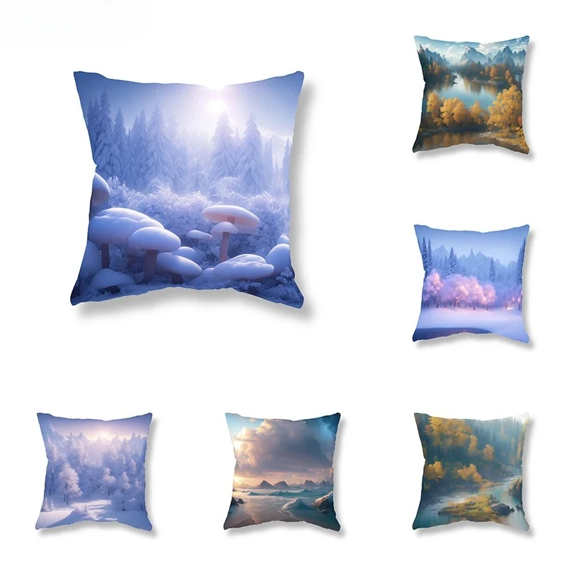 Anime Forest Scenery Printing Pillow Cover Sofa Decoration Room Bedside   Office Seat Cushion  Home