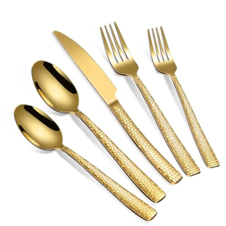 

Набор столовых приборов из 40 предметов, золотистый, из нержавеющей стали с эффектом ковки, для 8 персон, пищевой, включает вилки, ножи, ложки