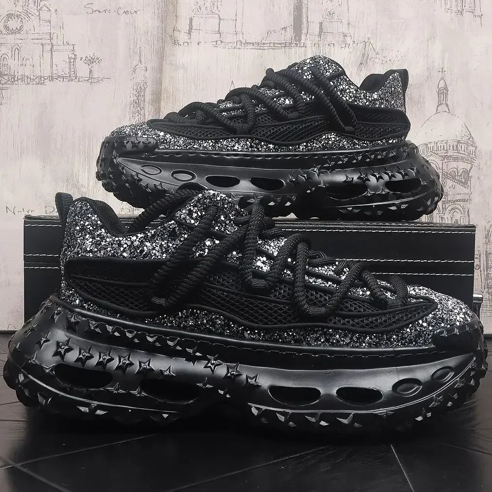 2026 Fashion Streetwear Men's Lightweight Platform Dad Shoes Height Increasing Sequins Casual Sneakers