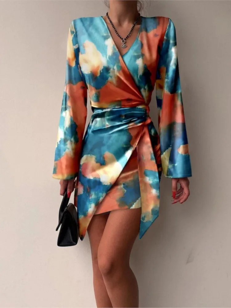 

Vintage Print Slim Mini Dresses For Women Sexy V-neck Long Sleeve Bandage Irregular Dress Spring Elegant Ladies Office Vestidos