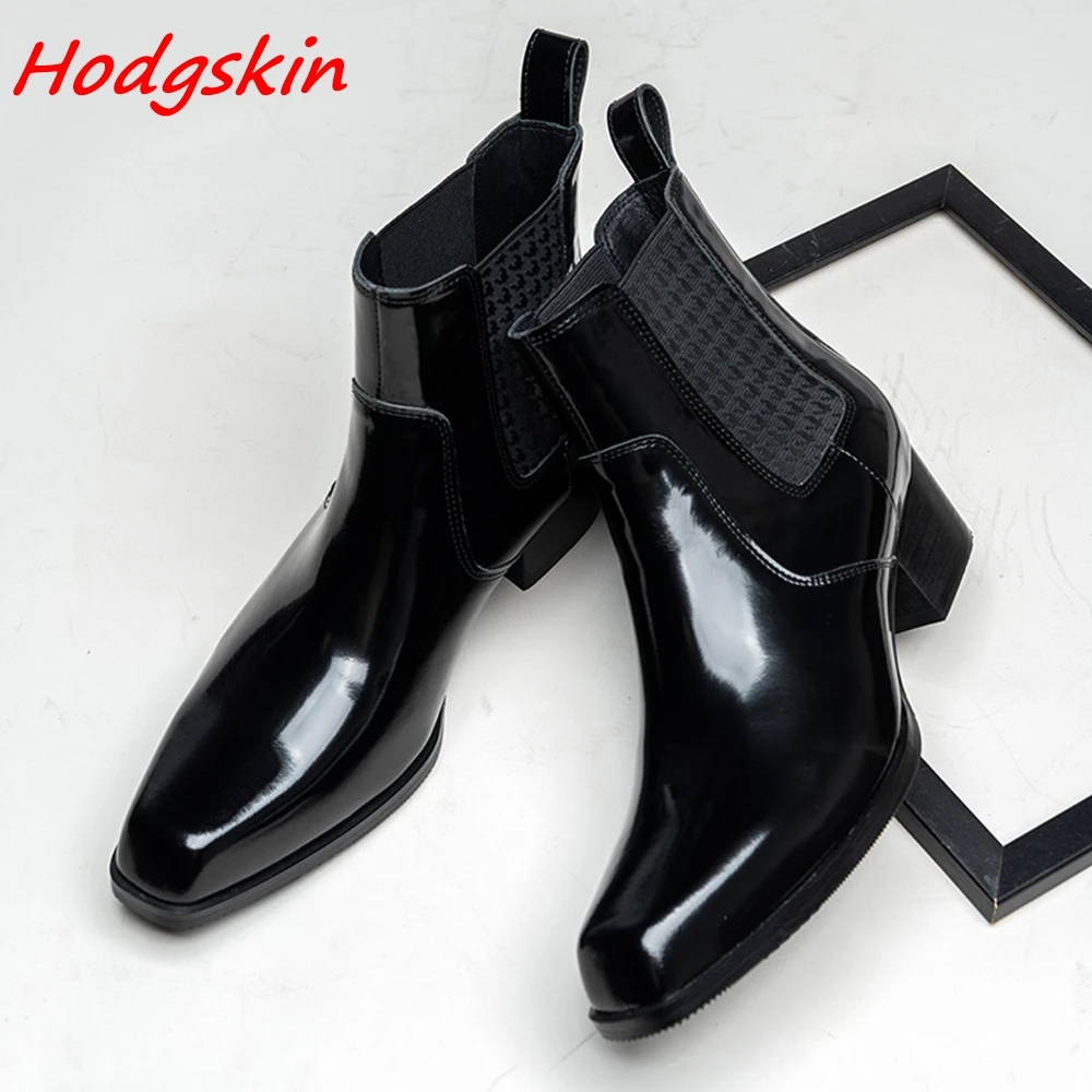 Men's Genuine Leather Square Toe Chelsea Boots 2024 Newest Shiny Concise Style Height Increasing Ankle Boots Men's Winter Boots