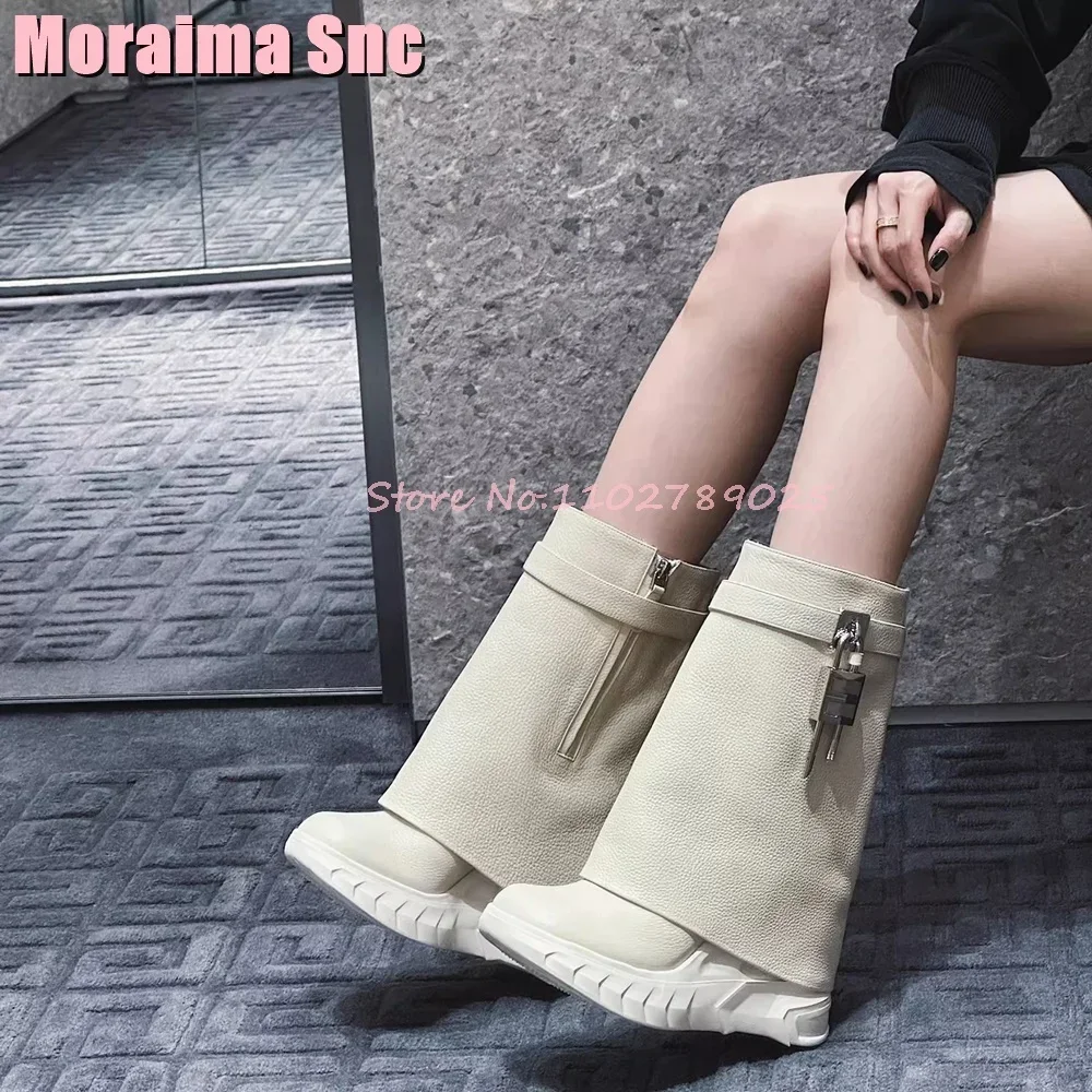 

Thick Sole Round Toe Padlock Mid Calf Boots Metal Decor Side Zipper Fashion Sexy Women Winter Boots White Solid Genuine Leather